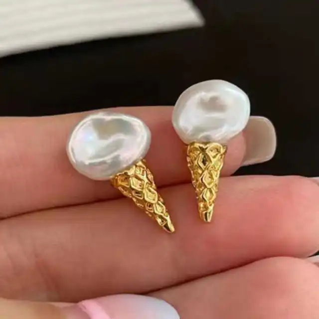 Handmade white freshwater Baroque Pearl ice Cream earrings Handmade Women