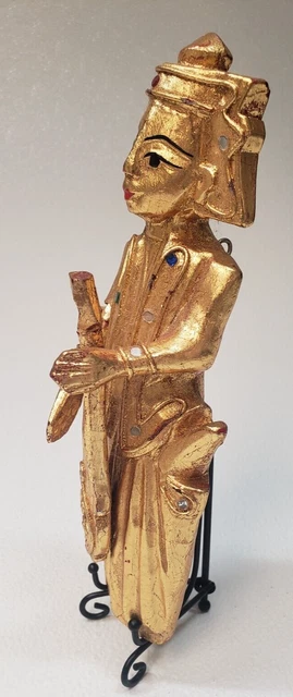 Antique Gilt Wood & Glass Stones Burmese Musician Wall Hanger Gold Statue 2