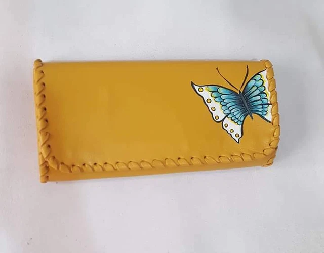 Fashion wallet handmade leather painted small coins women new butterfly mustard