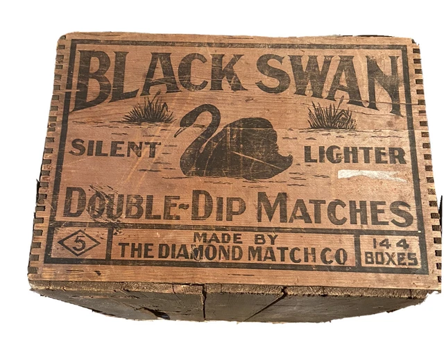 Vintage Double Dip Diamond Matches Black Swan Wood Crate Collectors