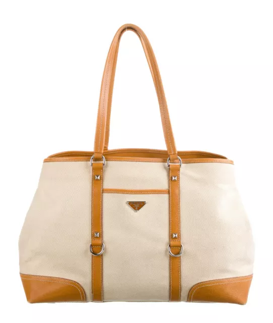 Authentic Prada Canapa Tote Bag tan Cinghiale  Trim Leather Canvas