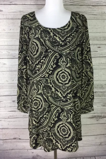 Blu Pepper Women’s Black Beige Paisley Long Sleeve Lined Shift Dress Size L