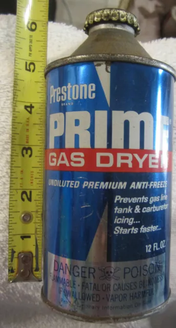 12 oz Prestone PRIME Gas Dryer tin Can VTG cone top,Union Carbide New York NY