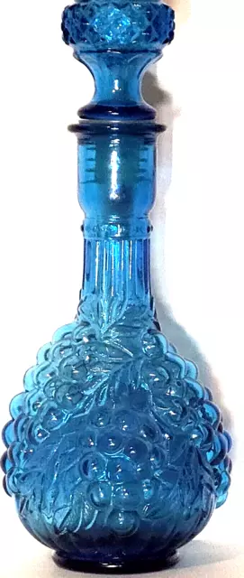 Vintage Blue Glass Grapes Decanter Bottle w/Stopper  Approx. 12.5" Tall