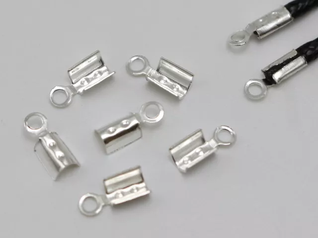 500 Silver Plated Necklace Cord Crimp End Caps with Loop 3X8mm