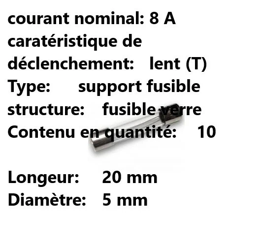 Fusible T 8A en verre retardé (boite de 10 ) 5x20mm
