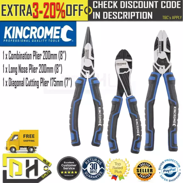 Kincrome 3 Pc Plier Set Combination Long Nose Pliers Diagonal Cutter 200Mm 175Mm