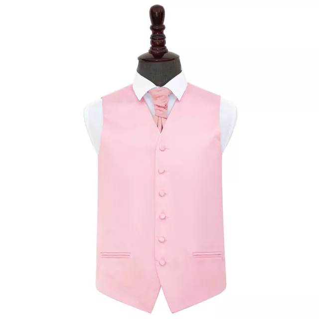DQT Satin Plain Solid Baby Pink Mens Wedding Waistcoat & Cravat Set