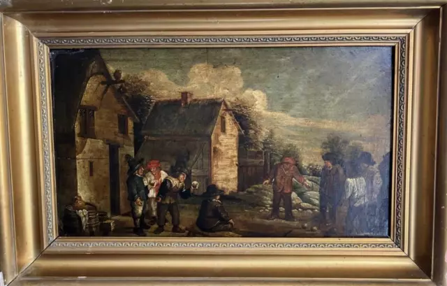 Antique Oil Painting DUTCH OLD MASTER 18th Century Study A GAME OF BOWLS Teniers