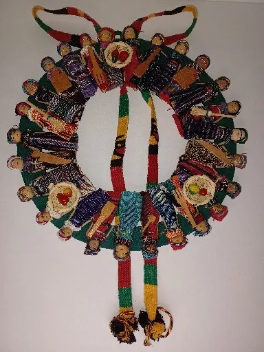 Handmade South American Guatemalan Worry Doll Wreath.  12" Wreath With Attached