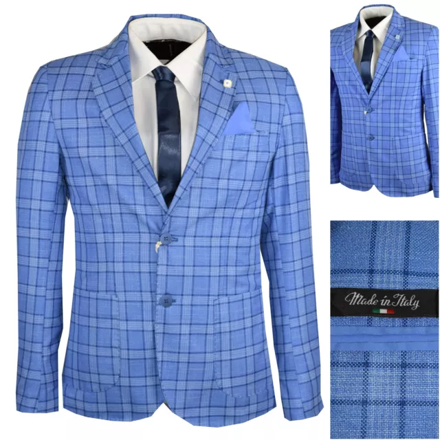 Blazer Giacca Uomo 50 52 54 56 Elegante a Quadri Fantasia Primaverile Estiva Blu