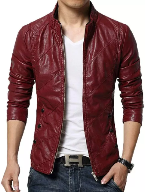 BASIC NEW Men's Dark Red Jacket 100% Real Lambskin Stylish Slim Fit Coat Jacket