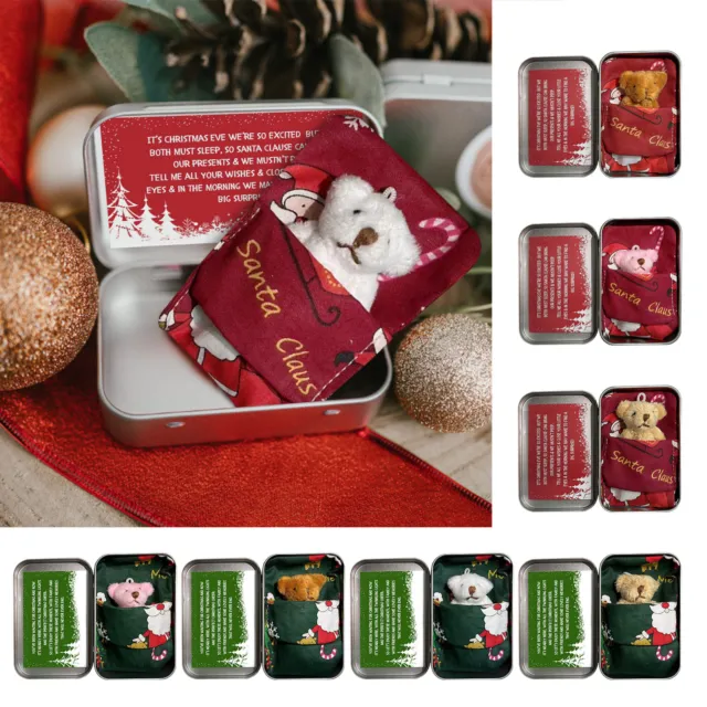 Christmas Bear Tin,Tiny Pocket Soft Plush Stuffed Bear in a Tin Box w/Card&Quilt
