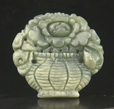 Old natural hetian jade hand-carved statue of flower pendant #8
