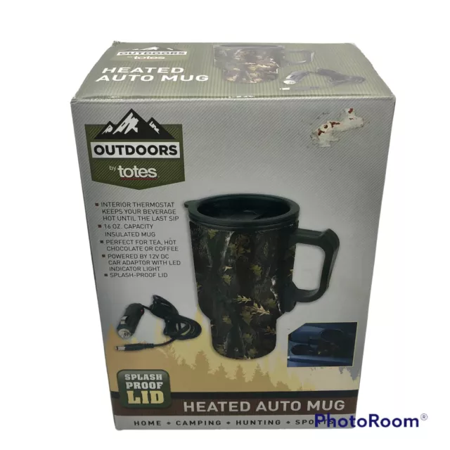 Heated Auto mug 16 Fl Oz ounce Camouflage Design No Splash Lid outdoors by tote