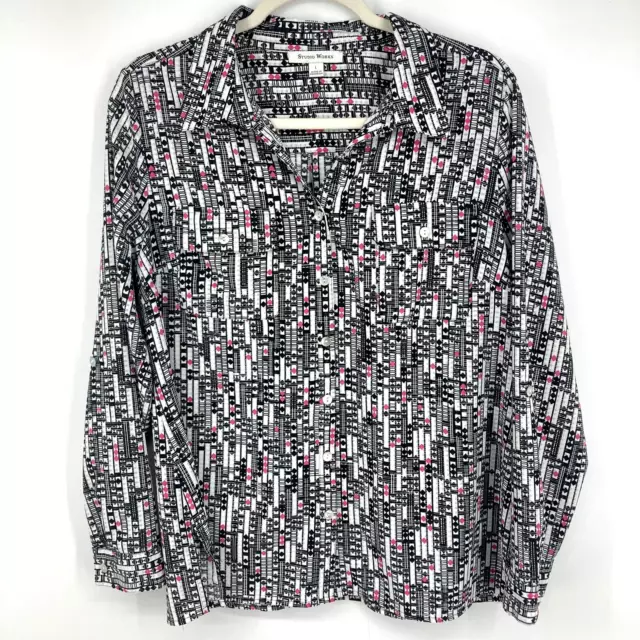 Studio Works Womens L Roll Tab Button Down Top Shirt Geometric Black White Pink