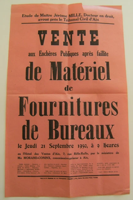 Affiche vente enchère matériel fournitures bureau 1950 Aix en Provence vintage