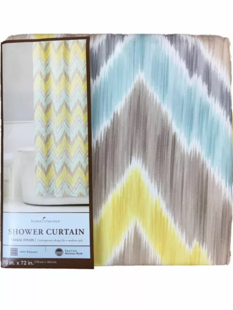 Home Classics Tribal Finds Fabric Shower Curtain Yellow Blue Chevron Bath Decor 2