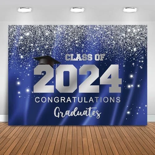 2024 GRADUATION PARTY Backdrop Class of 2024 Blue Silver Glitter