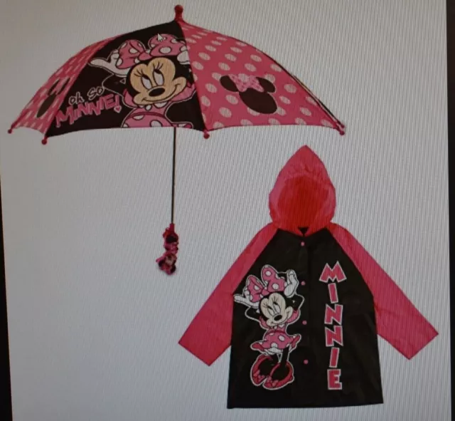2 Piece Set Disney Minnie Mouse Kids Umbrella w Matching Rain Poncho Pink Black