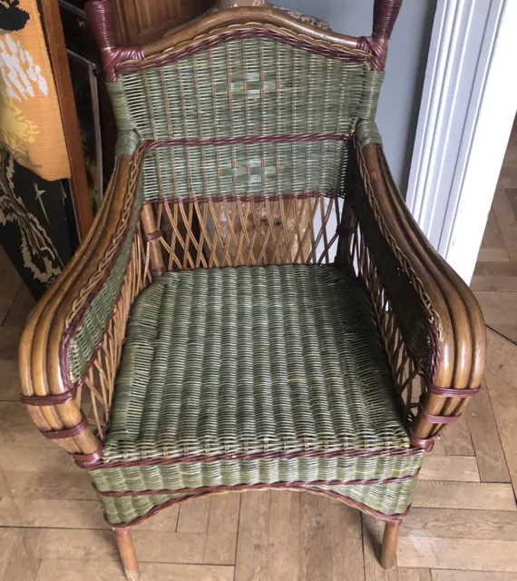 ART DECO   Paire de Fauteuils en rotin et bambou polychrome des années 30