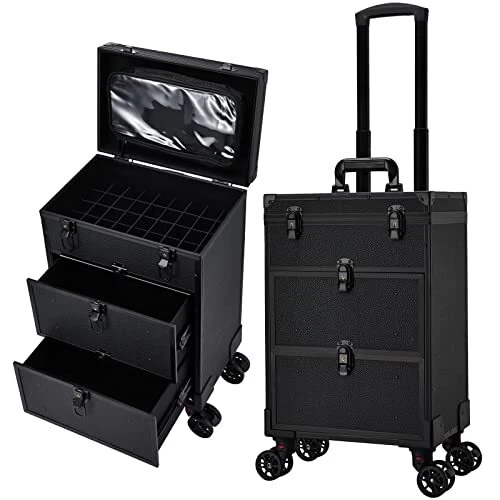 Professional Rolling Makeup Case Cosmetology Case on Wheels 2 Large Drawer