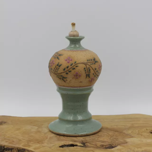 Pottery Stoneware Vase Oil Lamp with Wick Floral Pattern