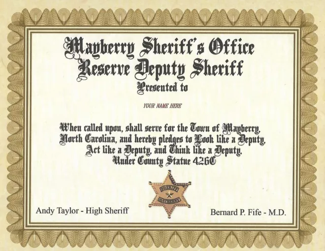 Mayberry Deputy Sheriff Certificate - Barney Fife   Andy Griffith Show