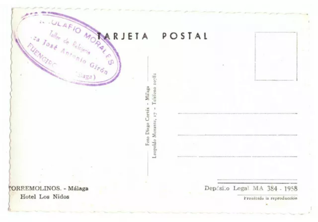 Postal con foto vintage rara del Hotel Los Nidos, Torremolinos, Málaga, España 2