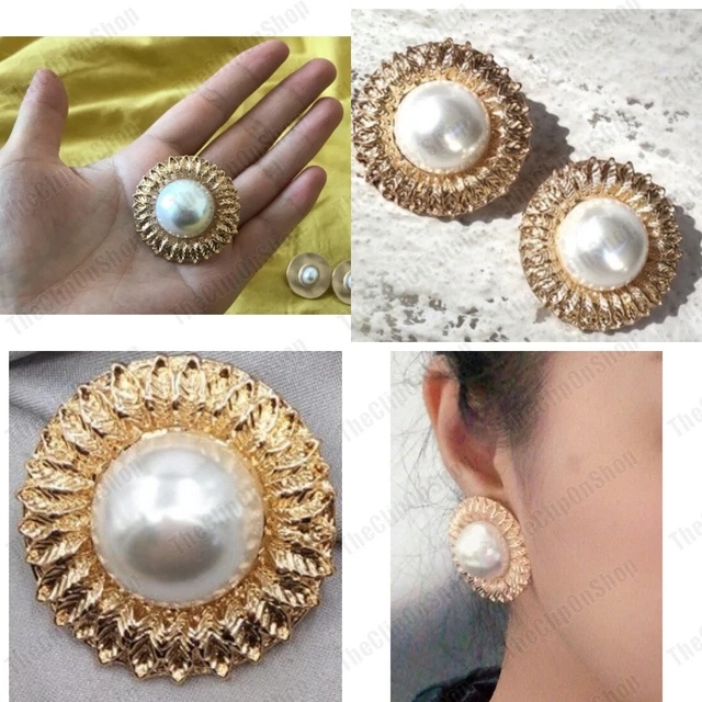 Clips D'oreilles Anciens Cabochon Perle Blanche Bombée - Occasion Bon état