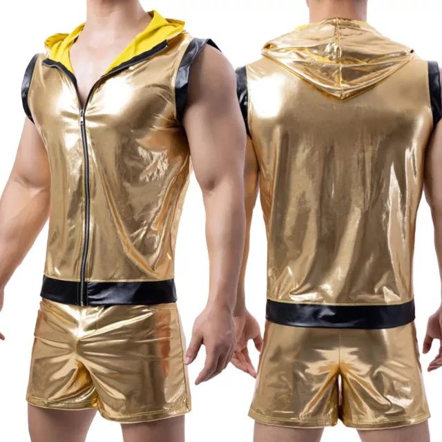 Sleek and Stylish Gold Leather Clubwear Set Tank Tops and Boxer Shorts for Men