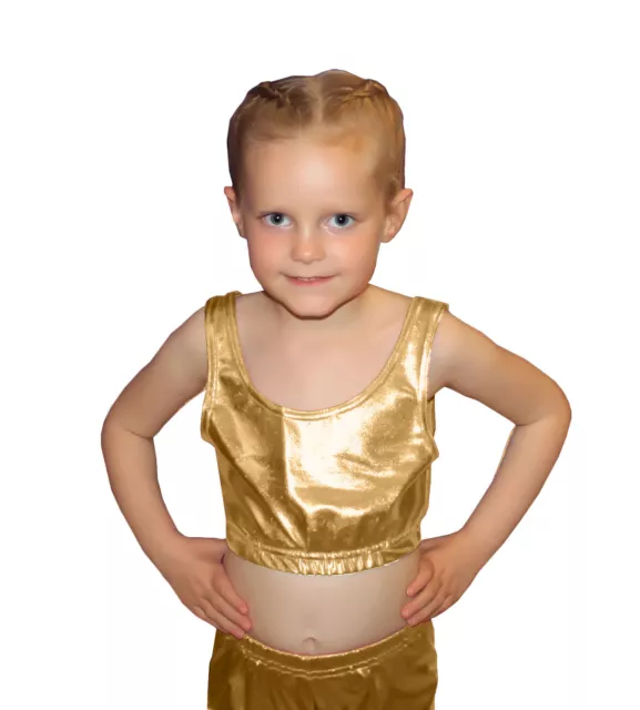 new girls shiny metallic crop top dance fancy dress school wetlook top age 5-11