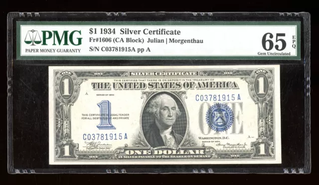 DBR 1934 $1 Silver Funnyback Gem Fr. 1606 CA Block PMG 65 EPQ Serial C03781915A