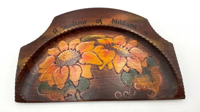 Small Wooden Brush Tray, Souvenir of Mildura, Painted with Sunflowers, 24cm Long
