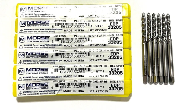Morse 5-40 Tap HSS Spiral Flute Plug Taps 2 Flute GH2 Fast Spiral 6 Pack USA