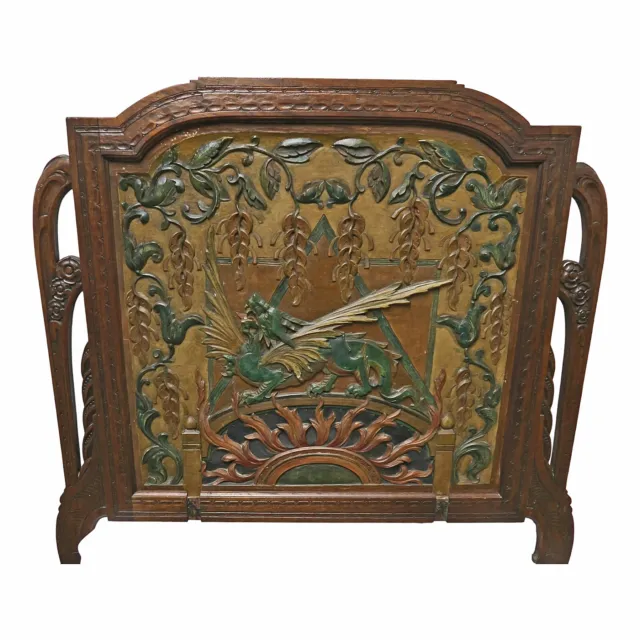 Antique Art Deco Fire Screen Arts & Crafts Hand Carved Painted Dragon Pine & Oak