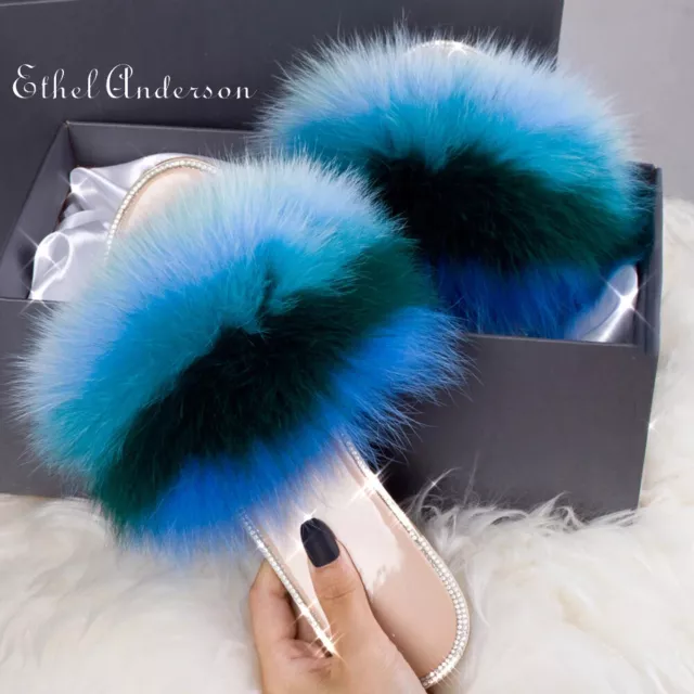 Plush Real Fox Fur Fully Slippers Bright Diamond Furry Slides Fashion Shoes Flat 3