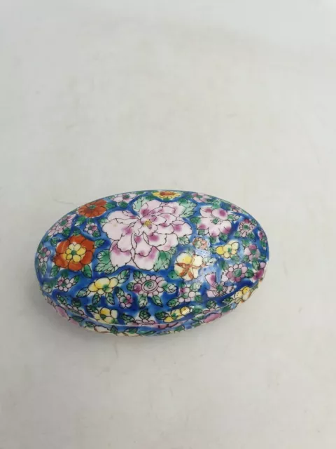 Chinese Porcelain Oblong Lidded Trinket Box Floral Millefiori Hand Painted Blue