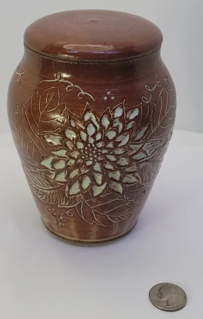 Brown Glazed Stoneware Pottery Vase Urn w Lid Hand Etched W Floral Leaf Pattern