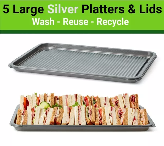 5 Large Silver Grey Platters + Clear Lids - Perfect For Special Party Food!