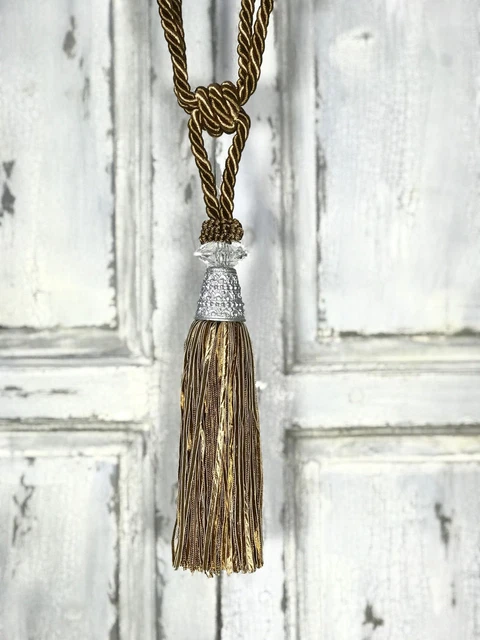 Pair 2 pieces Curtain Tie Backs - 22cm Tassel with glass and metal top - Olive /