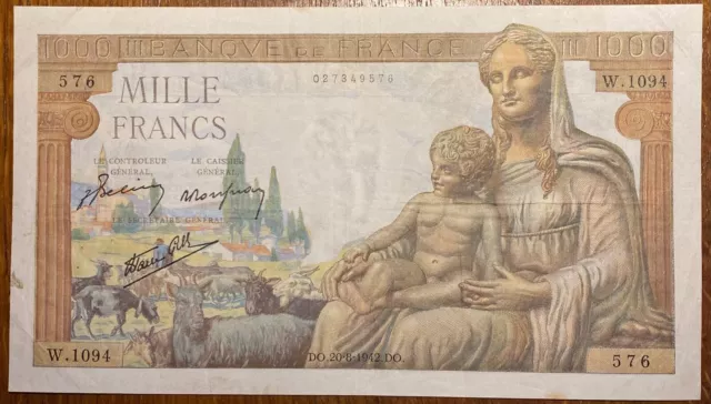 Très Beau Billet De 1000 Francs Déesse Demeter Du 20-8-1942 (Bill 160) France