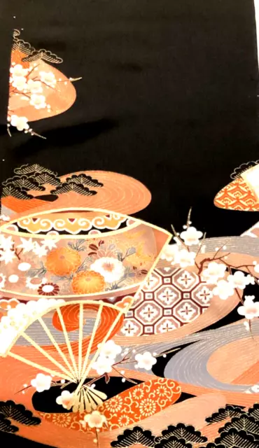 Vintage Japanese Kimono Silk Fabric, Black TomesodeFans Floral Long 177cm AUS