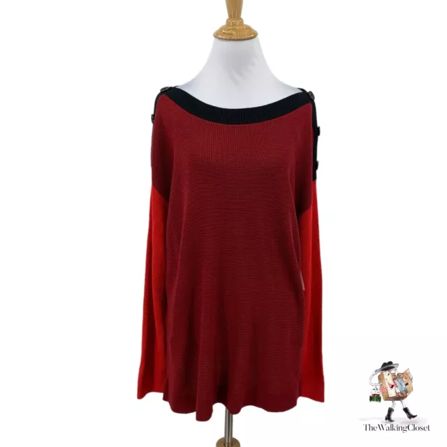 Vince Camuto Colorblock Tunic Sweater Womens M Medium Red Black Button Decor Rib