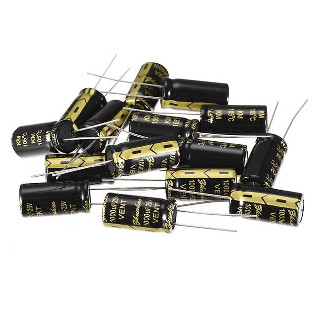 Radial Condensateur électrolytique 1000uF 25V 105°C Vie 2000H 10x20mm Noir 15pc