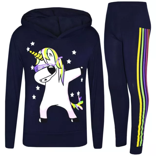 Bambine Unicorn Arcobaleno Natale Tuta # DAB Floss Navy Top Set Leggings