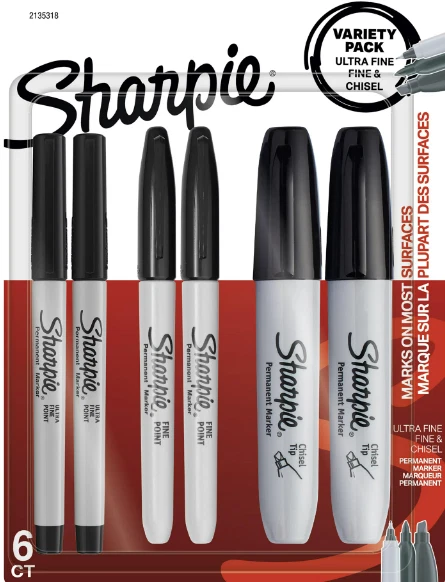 Sharpie Permanent Markers, Multi-Tip Pack, Fine/Ultra Fine/Chisel Tip, Black, 6