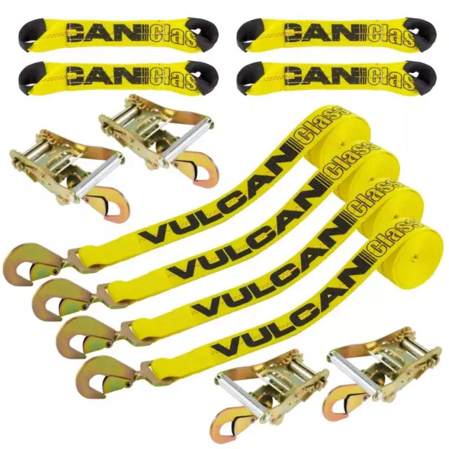 VULCAN 8-Point Roll Back Car Tie Down Kit - Snap Hooks On Both Ends, 4 Pack