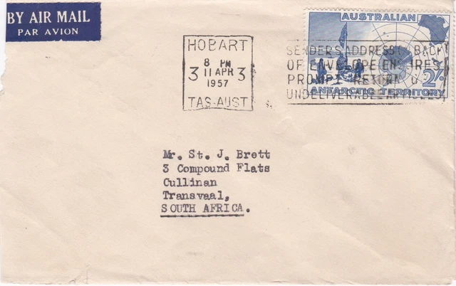 1957 Australia cover sent from Hobart TAS to Cullinan, Transvaal South Africa