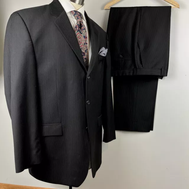 Calvin Klein 42R black striped 100% wool two piece suit flat front pants 34 x 34